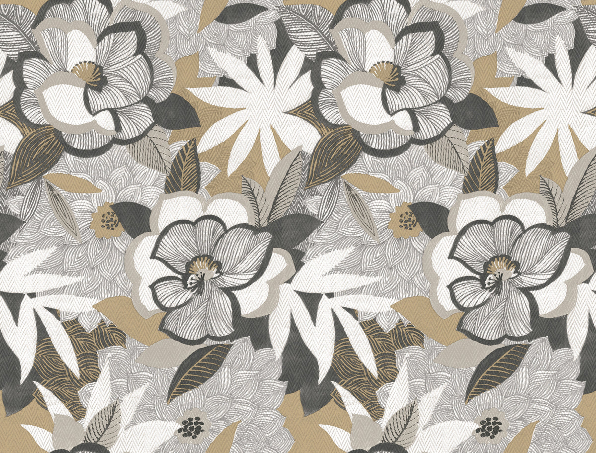 Fantasium Black Floral Peel and Stick Wallpaper by York Wallcoverings PSW1698RL - Bohemian Botanical Floral Pattern in Brown, Grey, and Black