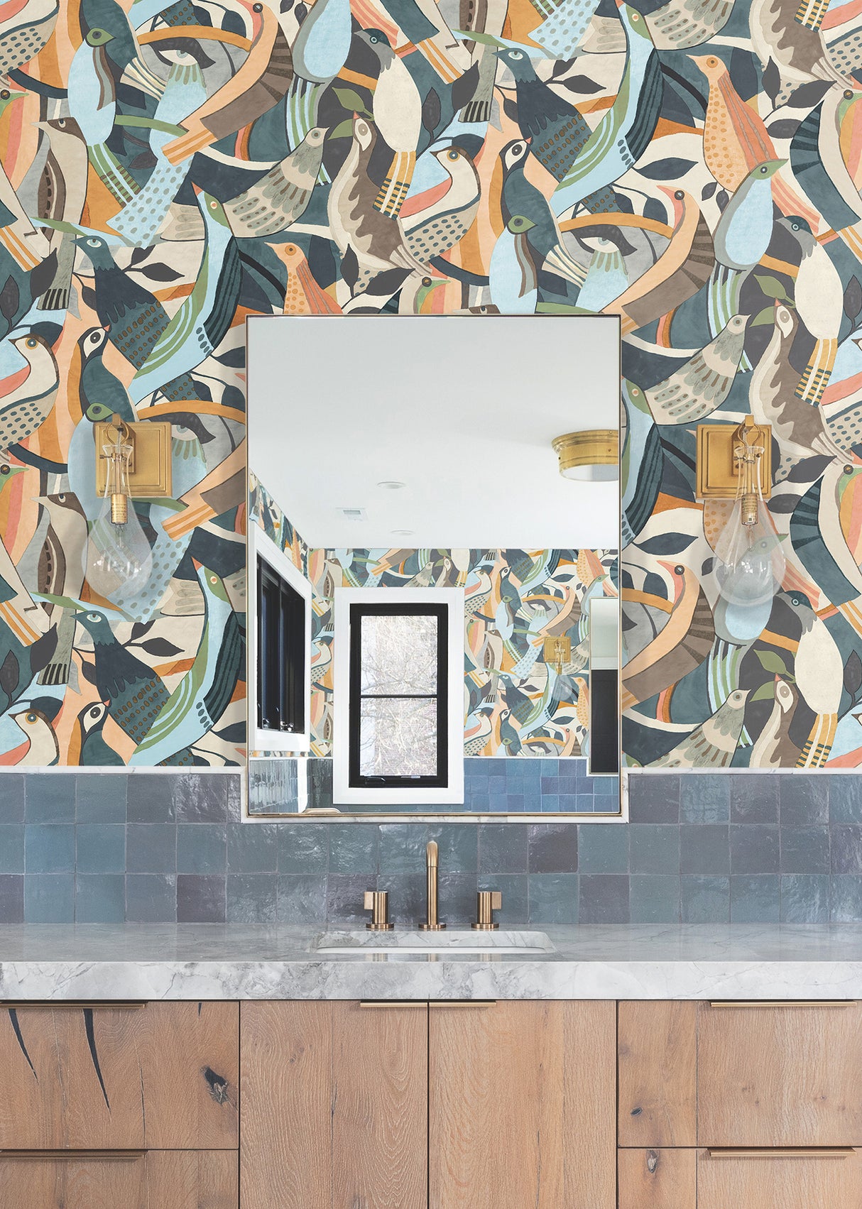 Fauvist Flock Coral by York Wallcoverings Abstract Bohemian Birds and Greenery Peel and Stick Non Woven Fully Removable Wallpaper - PSW1707RL