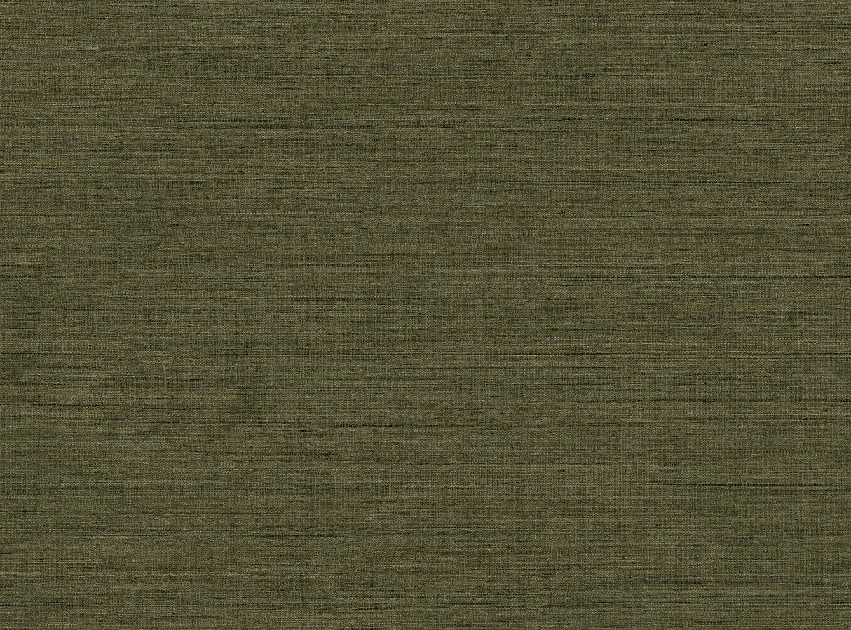 Threaded wallpaper in moss green faux linen texture