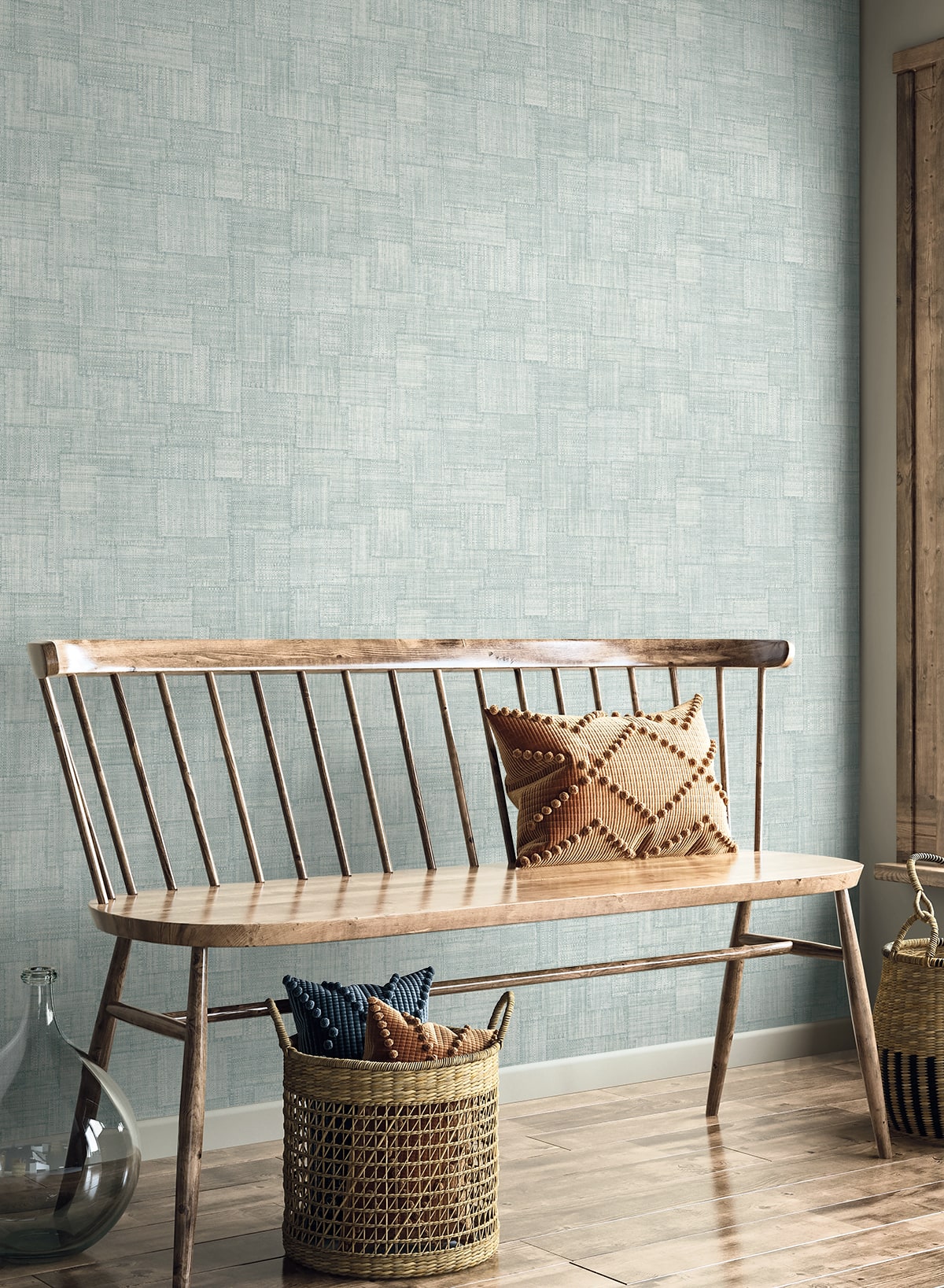 Woven Blocks Sky Blue by Raffia Type II Vinyl Faux-Weave Wallpaper – Seabrook Designs RA41716