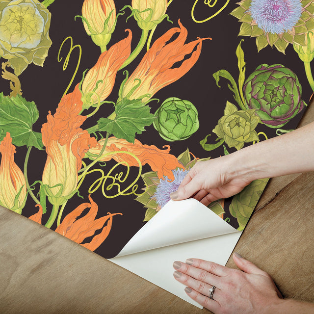 Black Artichoke Peel & Stick Wallpaper with Botanical Leaves Motif - RAS6258