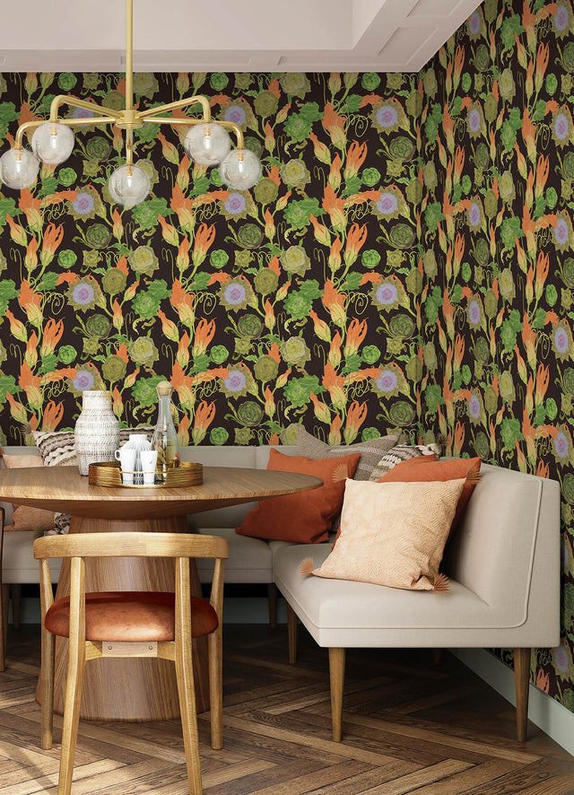 Black Artichoke Peel & Stick Wallpaper with Botanical Leaves Motif - RAS6258