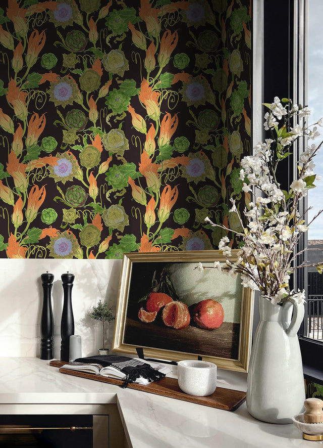 Black Artichoke Peel & Stick Wallpaper with Botanical Leaves Motif - RAS6258