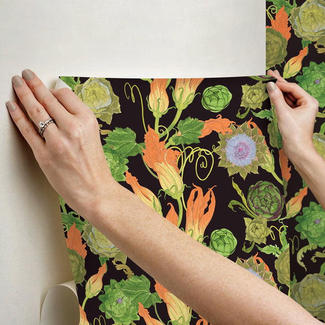 Black Artichoke Peel & Stick Wallpaper with Botanical Leaves Motif - RAS6258