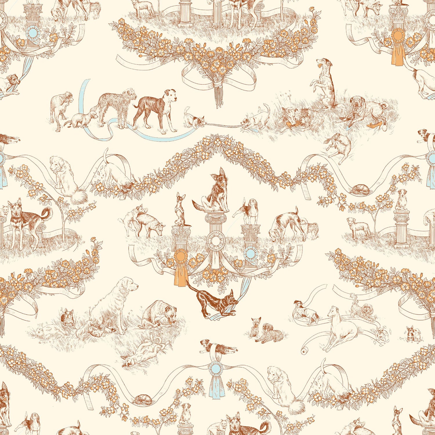 Worst in Show Orange Toile Peel & Stick Wallpaper with Modern Graphics Dog Motif - RAS6259