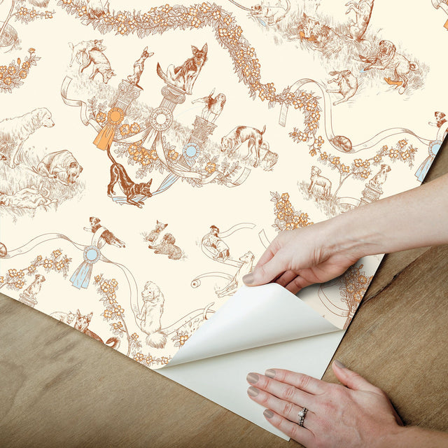 Worst in Show Orange Toile Peel & Stick Wallpaper with Modern Graphics Dog Motif - RAS6259