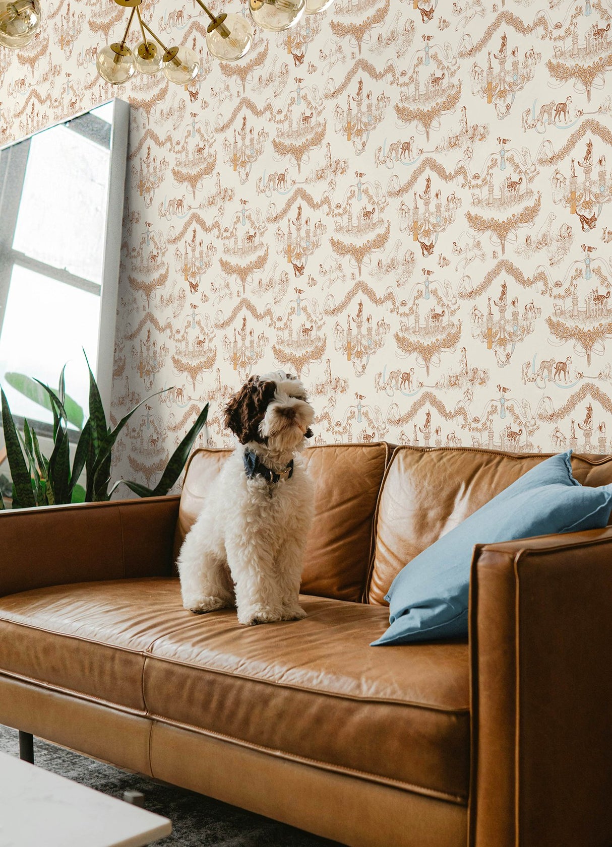 Worst in Show Orange Toile Peel & Stick Wallpaper with Modern Graphics Dog Motif - RAS6259