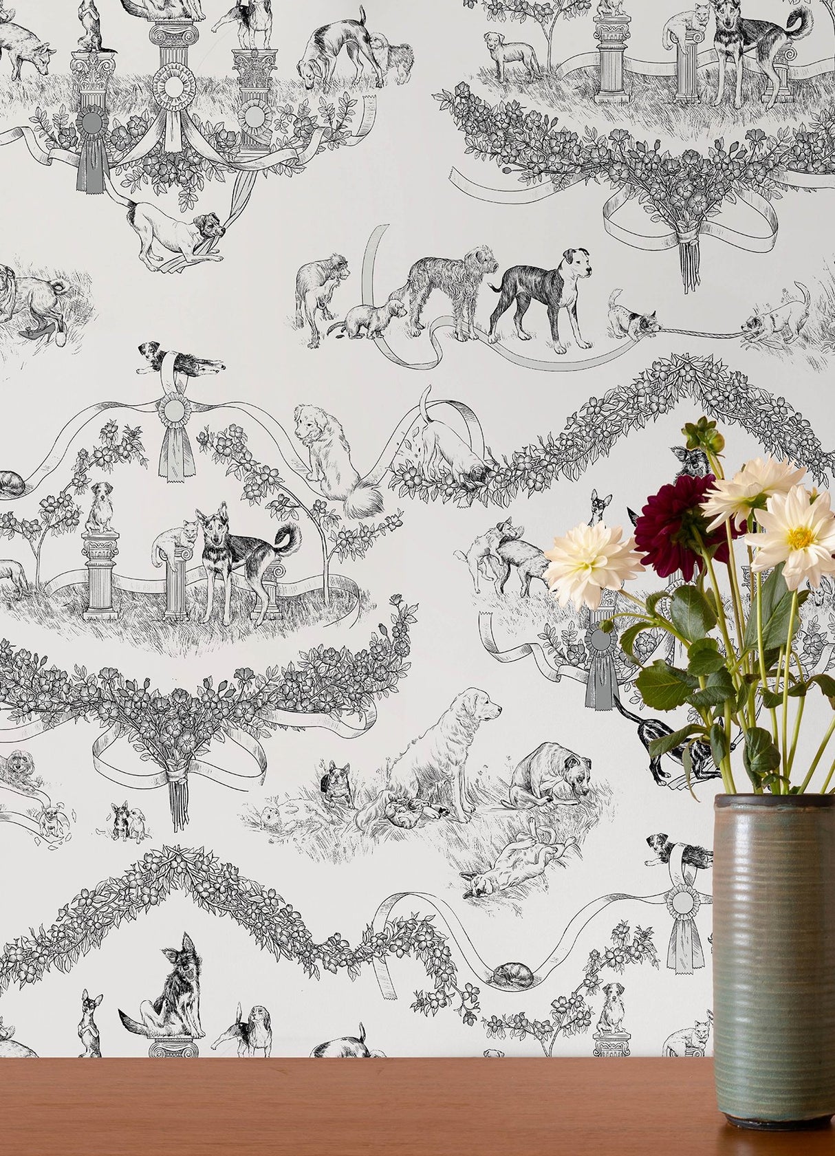 Worst in Show Black Peel & Stick Wallpaper with Dog Toile Pattern, Modern Style - RAS6260