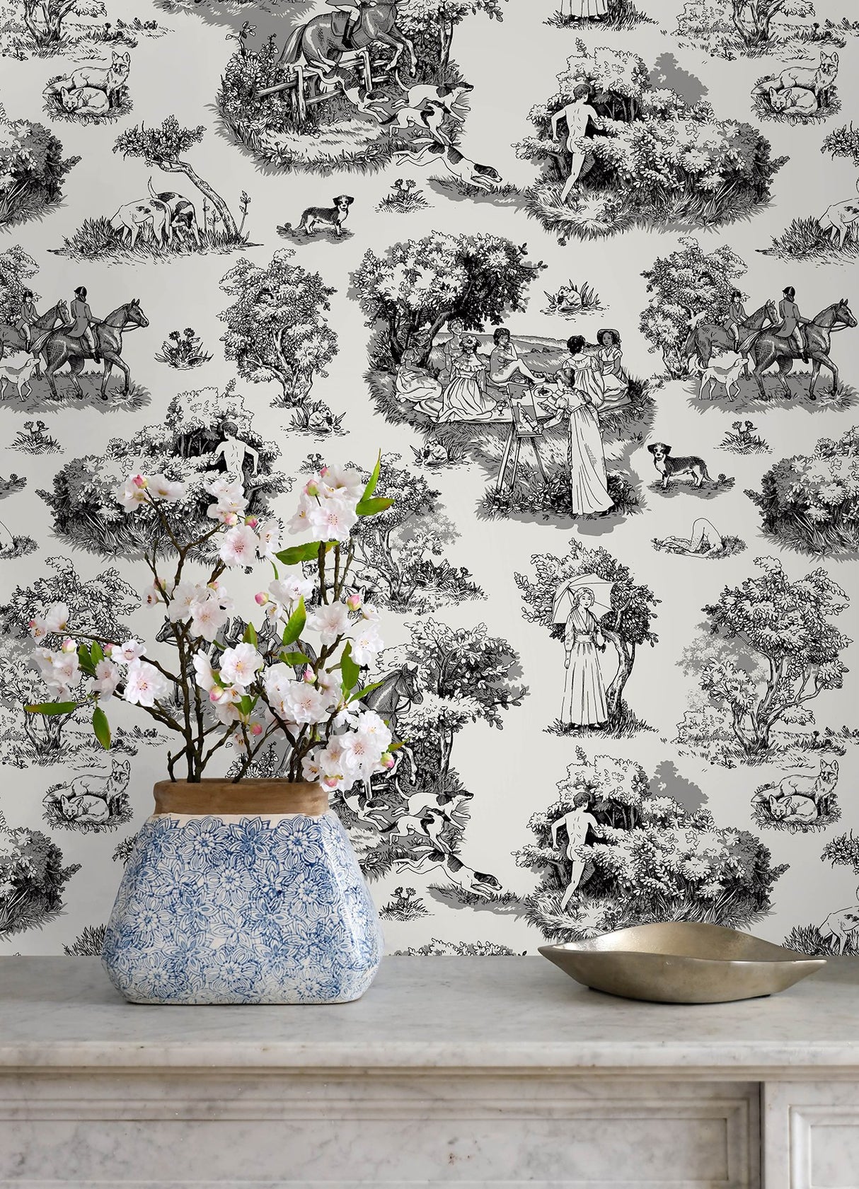The Chase Black Peel & Stick Toile Wallpaper with Modern Graphic Motif - Brewster RAS6263