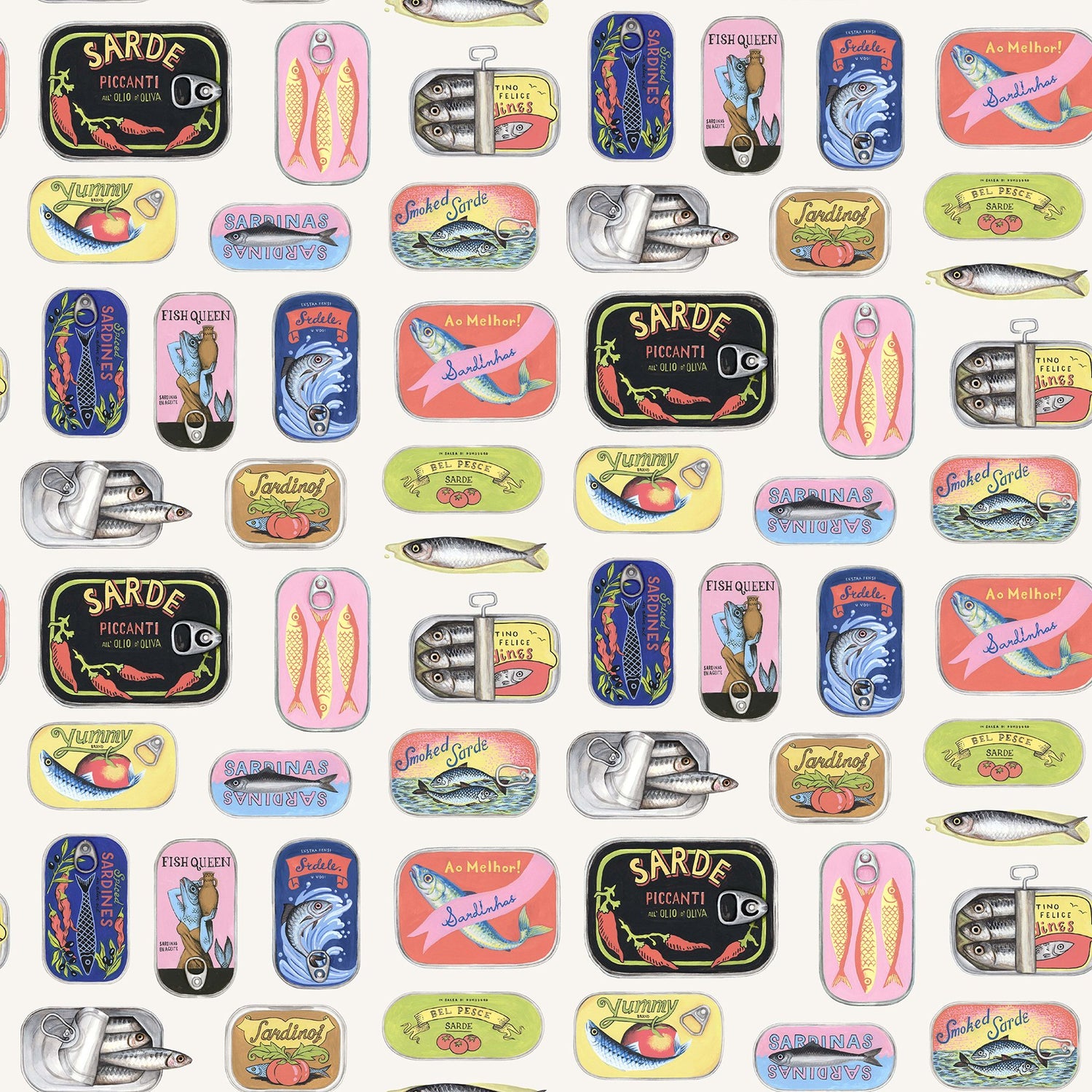 Sardine Tins Cream Peel & Stick Wallpaper with Modern Graphic Fish Pattern - WallPops RAS6267