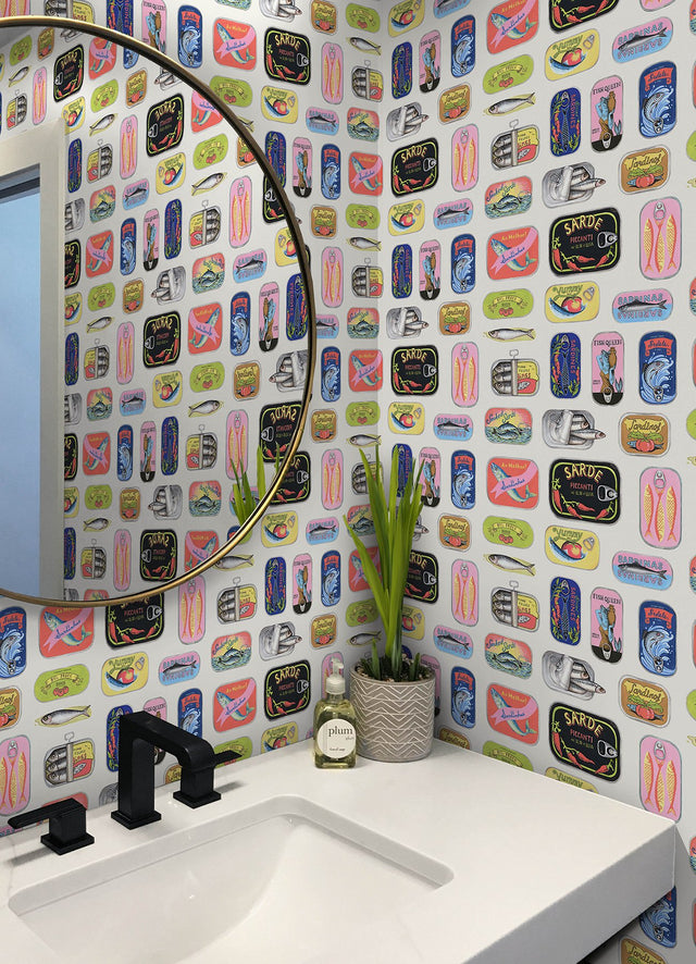 Sardine Tins Cream Peel & Stick Wallpaper with Modern Graphic Fish Pattern - WallPops RAS6267