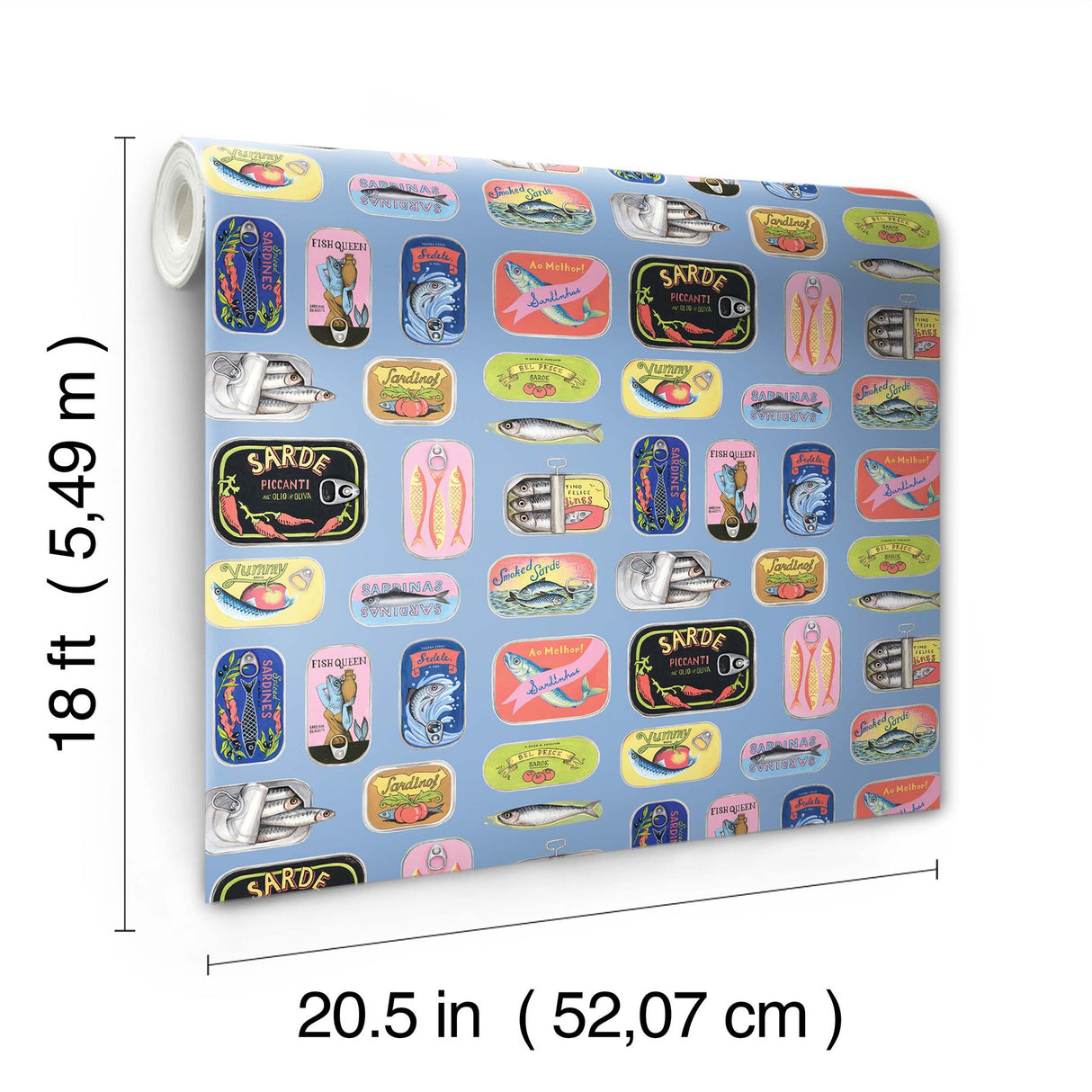 Blue Sardine Tins Peel & Stick Wallpaper with Modern Fish Graphics Pattern - Brewster RAS6268