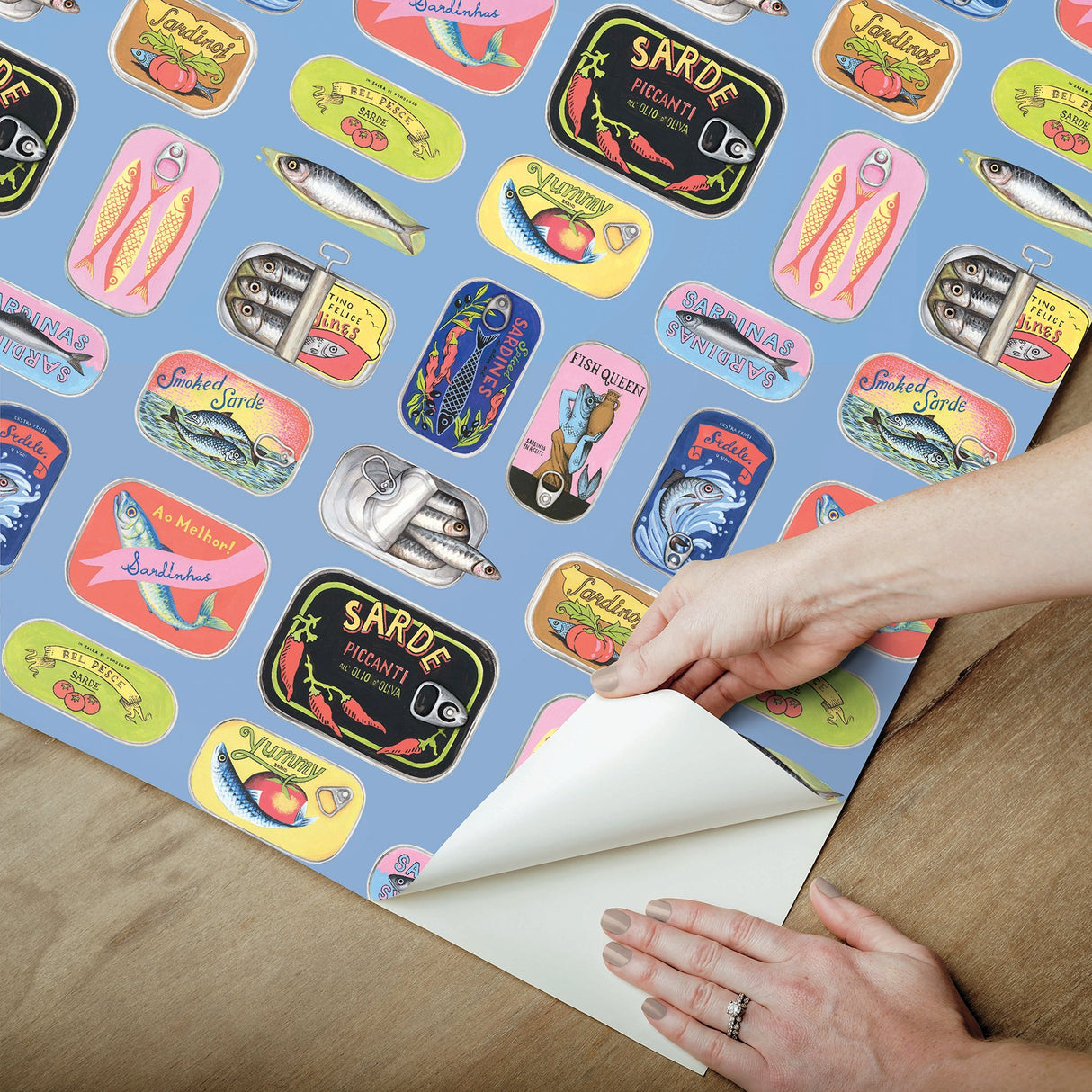 Blue Sardine Tins Peel & Stick Wallpaper with Modern Fish Graphics Pattern - Brewster RAS6268