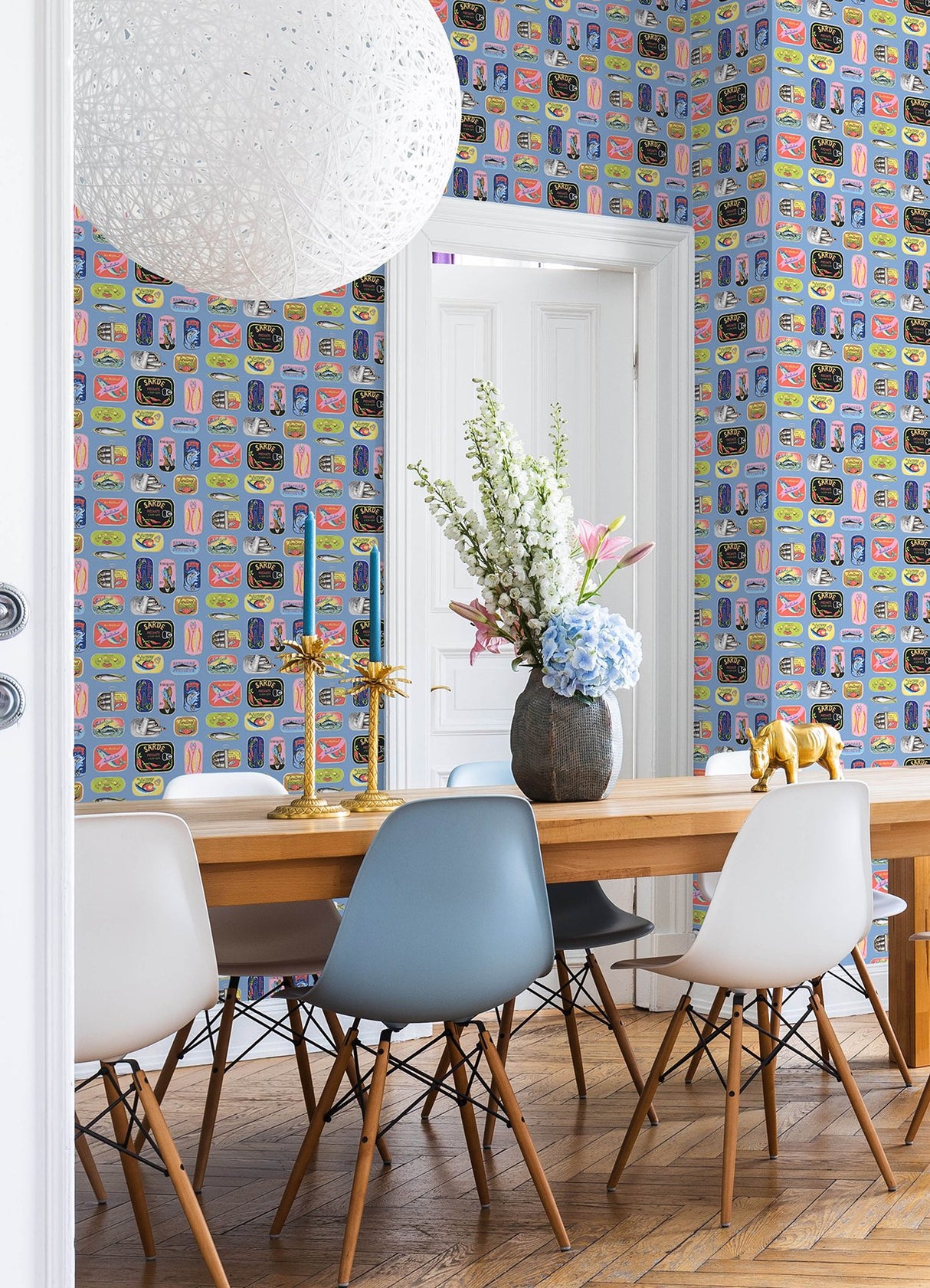 Blue Sardine Tins Peel & Stick Wallpaper with Modern Fish Graphics Pattern - Brewster RAS6268