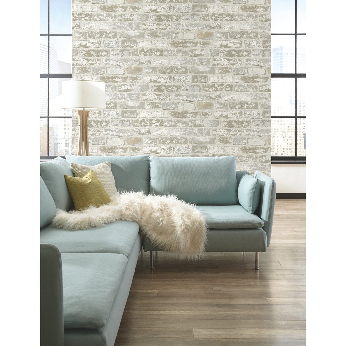 Up the Wall Off White & Grey Brick Pattern Prepasted Wallpaper - York RB4304