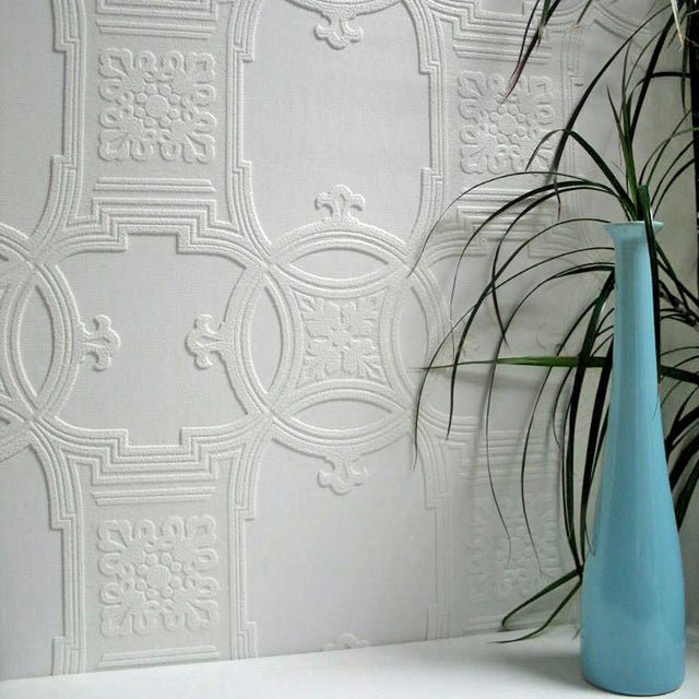 Early Victorian White Paintable Textured Vinyl Wallpaper