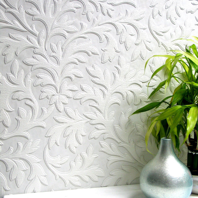 High Leaf White Paintable Textured Vinyl Wallpaper