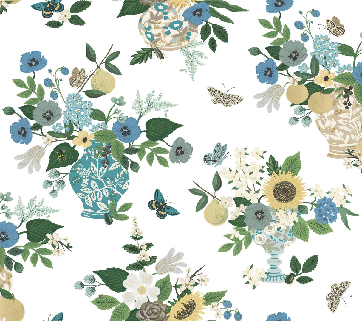 Flower Studies Blue Wallpaper with Whimsical Floral Vase Motif - York RF7401