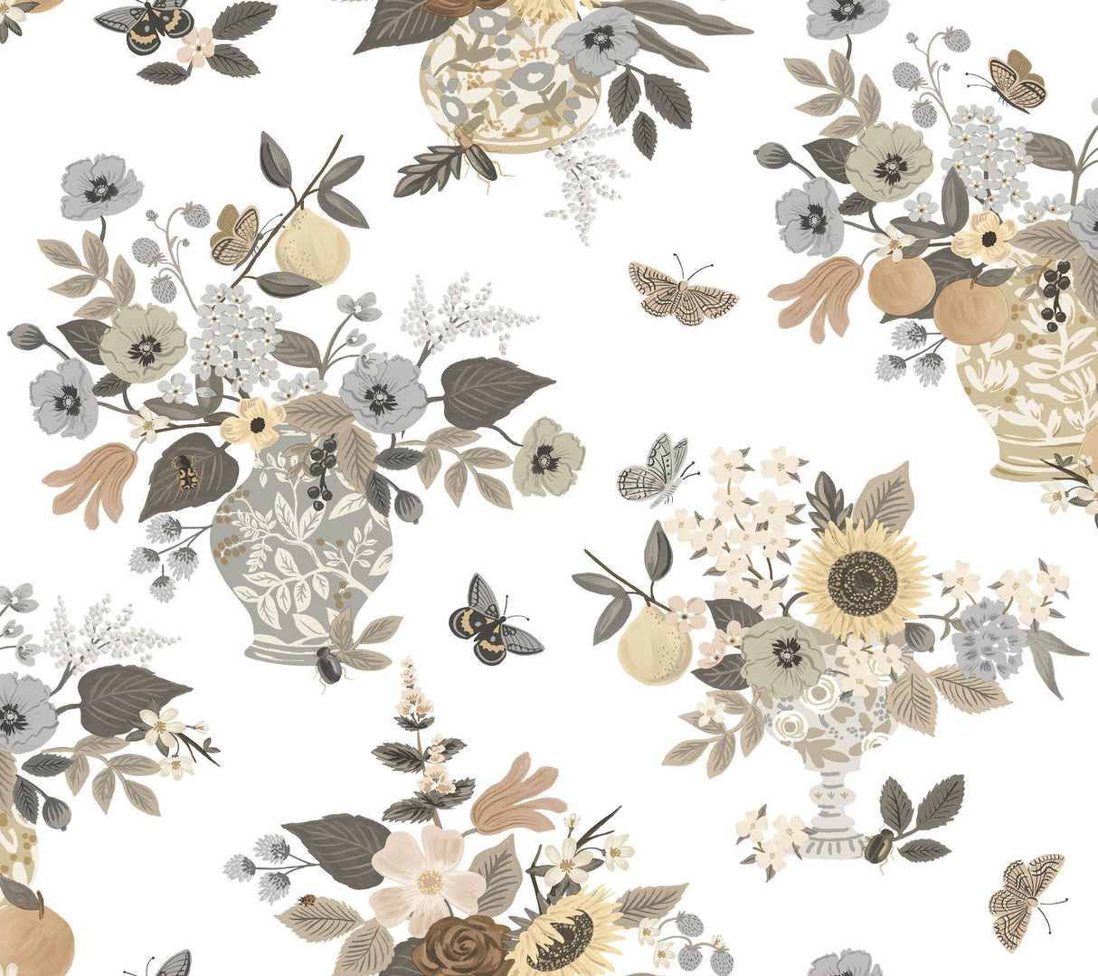 Flower Studies Linen Wallpaper with Whimsical Floral & Butterfly Motif - York RF7403