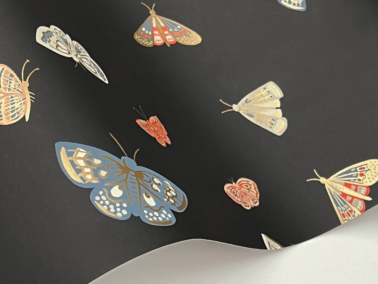 Butterfly House Black Wallpaper with Metallic Whimsical Butterfly Pattern - York RF7413