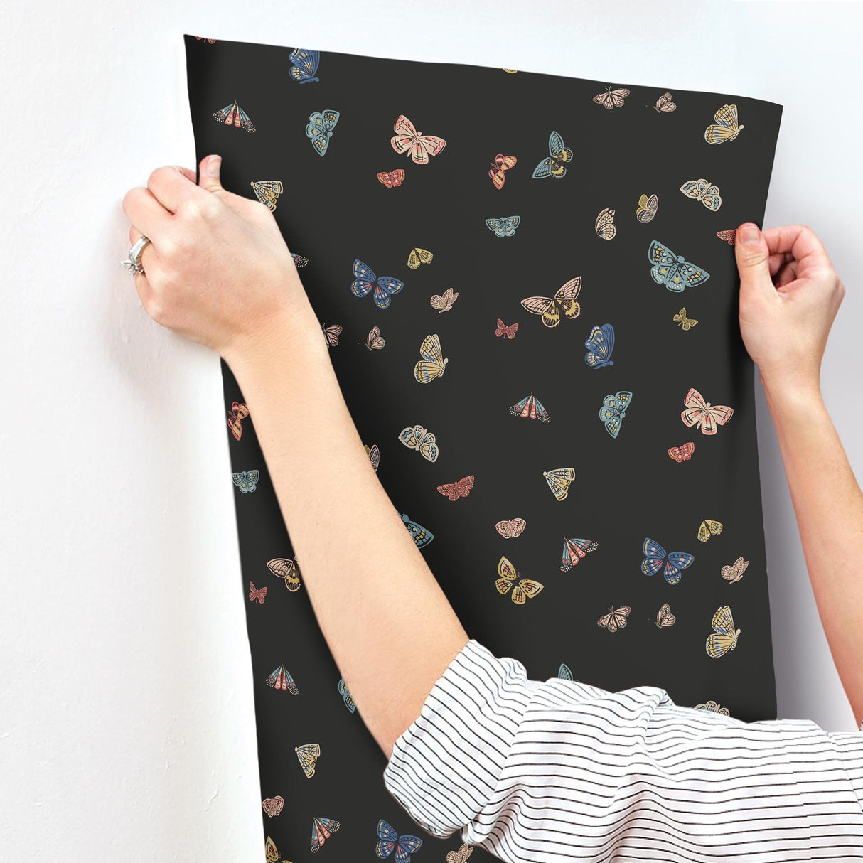 Butterfly House Black Wallpaper with Metallic Whimsical Butterfly Pattern - York RF7413