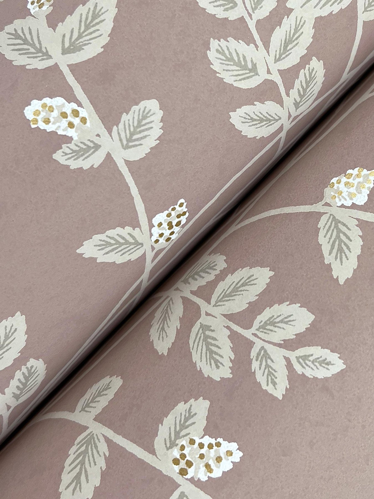 Climbing Vine Rose Wallpaper with Metallic Botanical Stripe - York RF7426