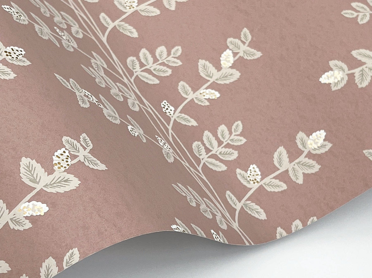 Climbing Vine Rose Wallpaper with Metallic Botanical Stripe - York RF7426