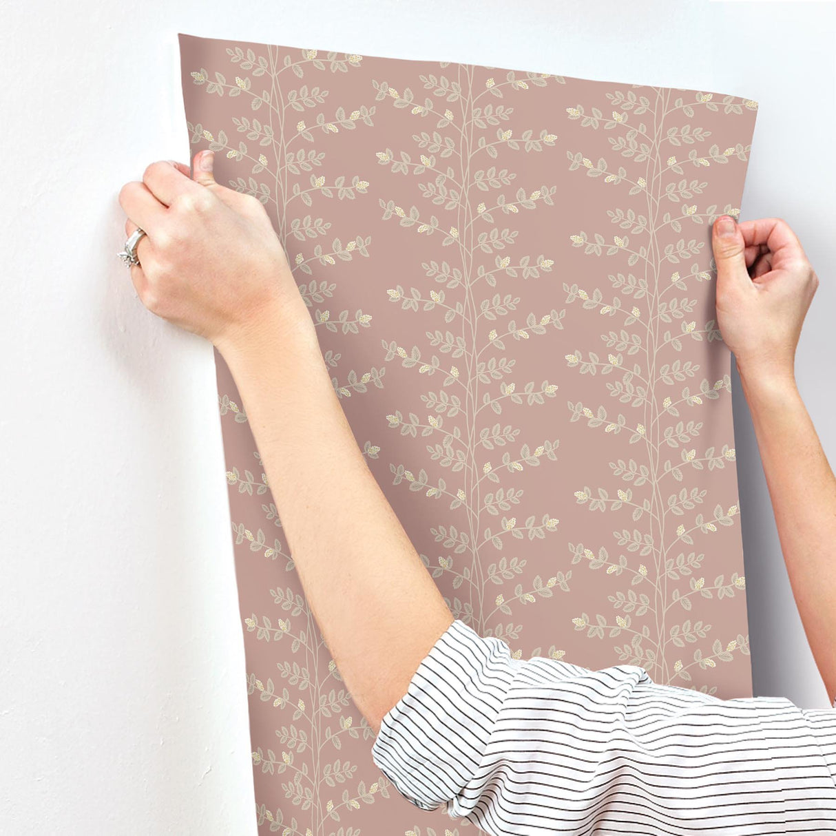 Climbing Vine Rose Wallpaper with Metallic Botanical Stripe - York RF7426
