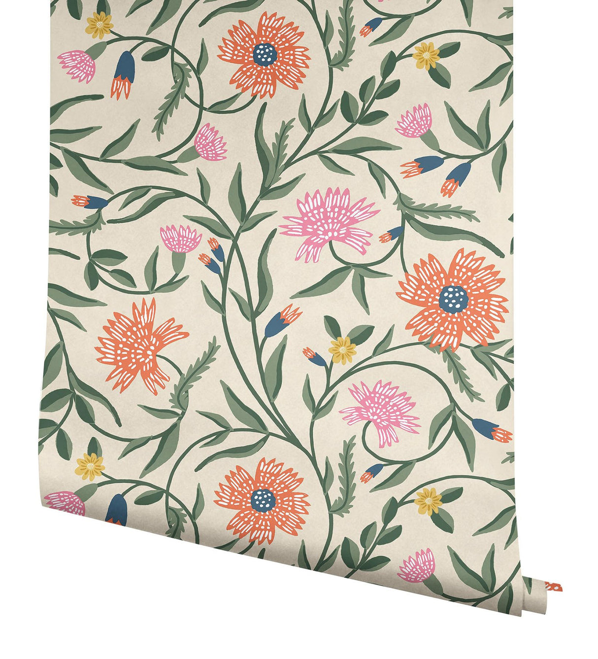 Aster Coral Wallpaper with Metallic Floral Vine Pattern, Farmhouse Style - York RF7433