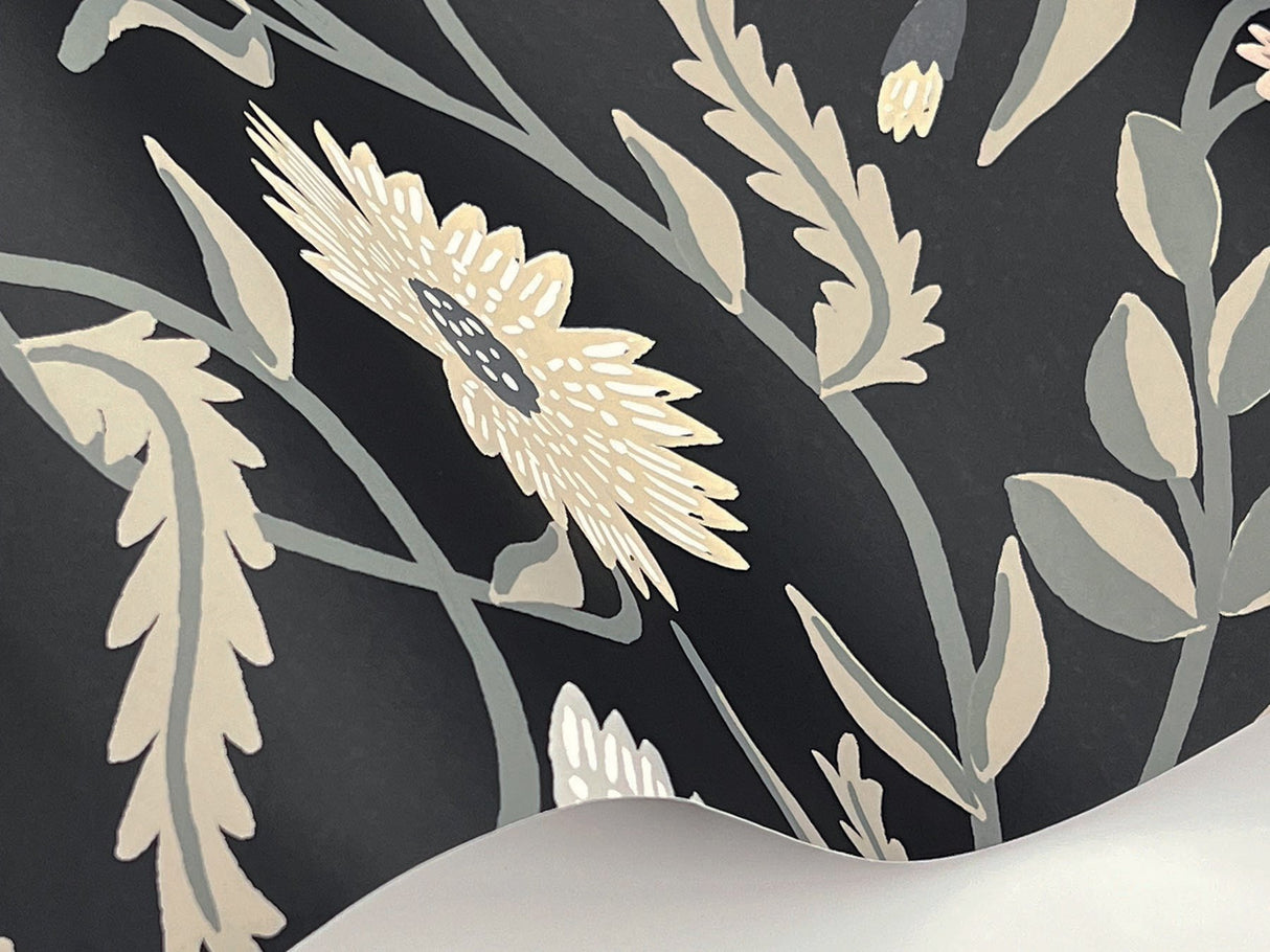 Aster Black Floral Wallpaper with Matte Farmhouse Style - York RF7434