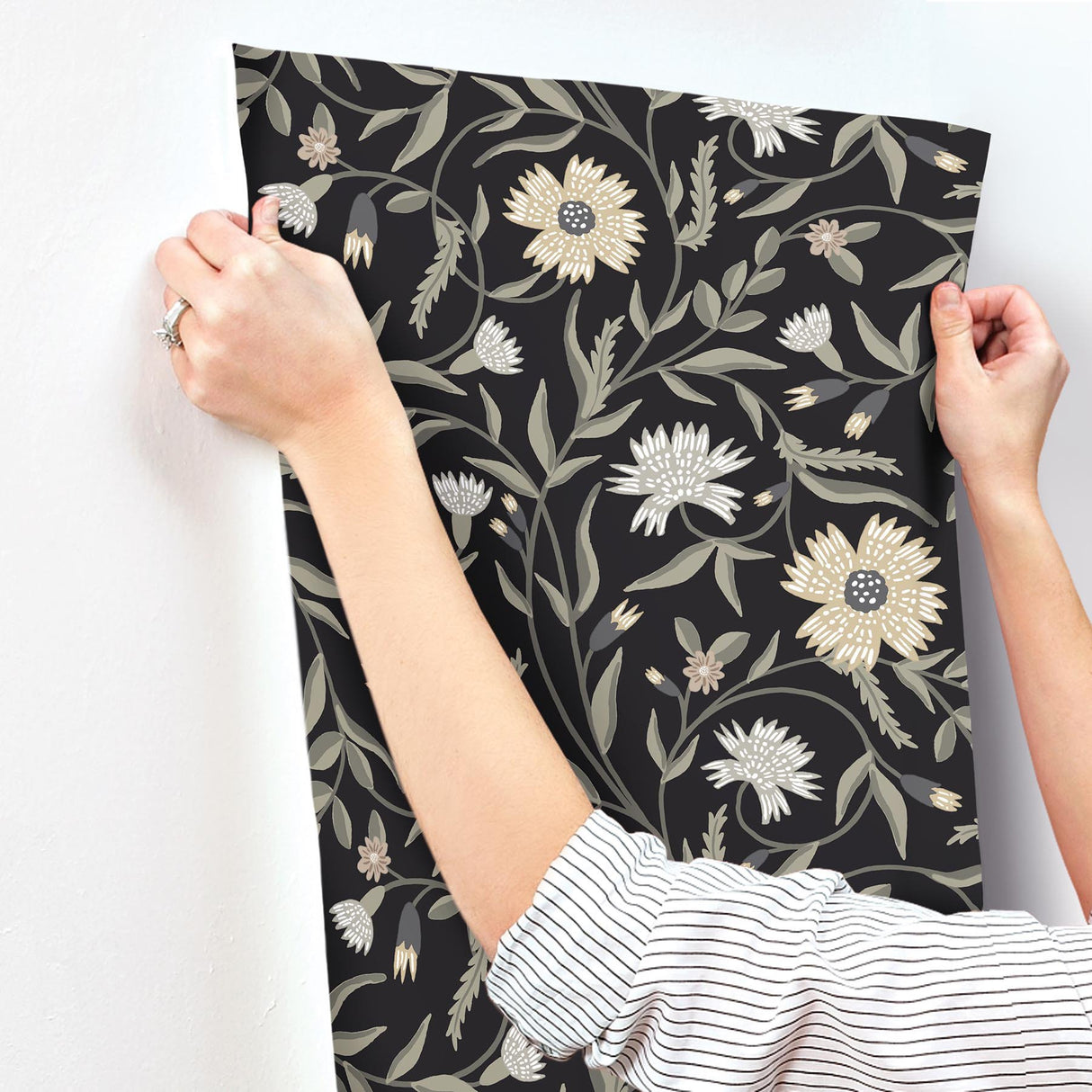 Aster Black Floral Wallpaper with Matte Farmhouse Style - York RF7434