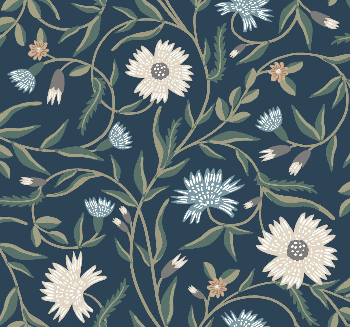 Aster Navy Wallpaper with Floral Trail Pattern, Farmhouse Style - York RF7435