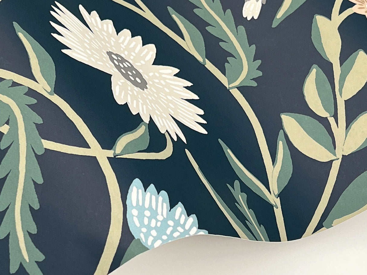 Aster Navy Wallpaper with Floral Trail Pattern, Farmhouse Style - York RF7435