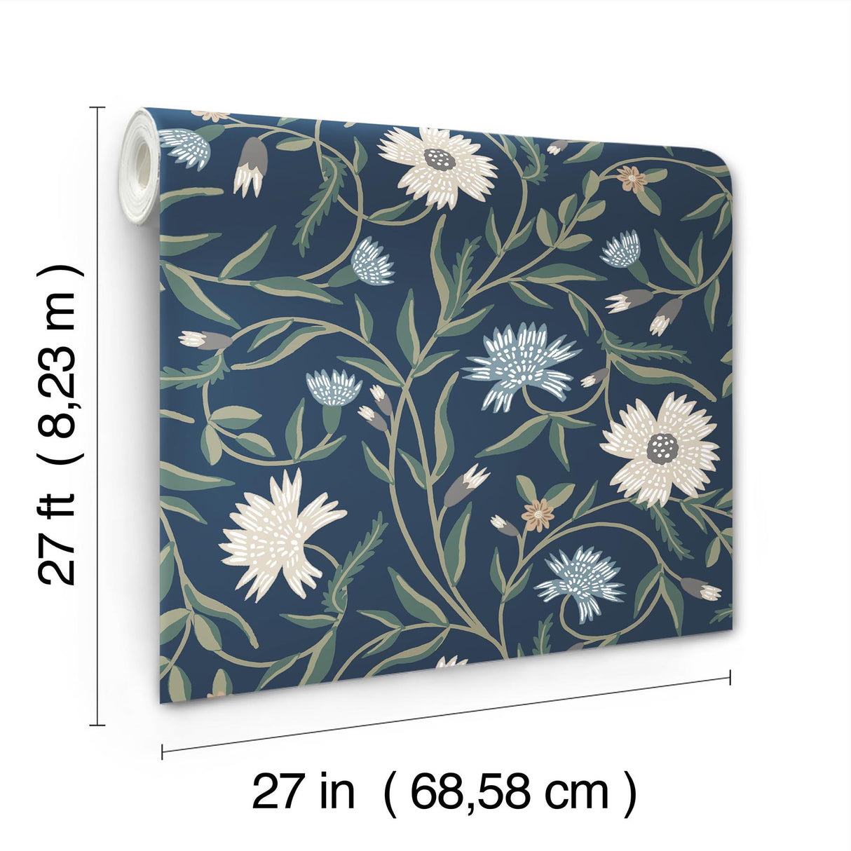 Aster Navy Wallpaper with Floral Trail Pattern, Farmhouse Style - York RF7435