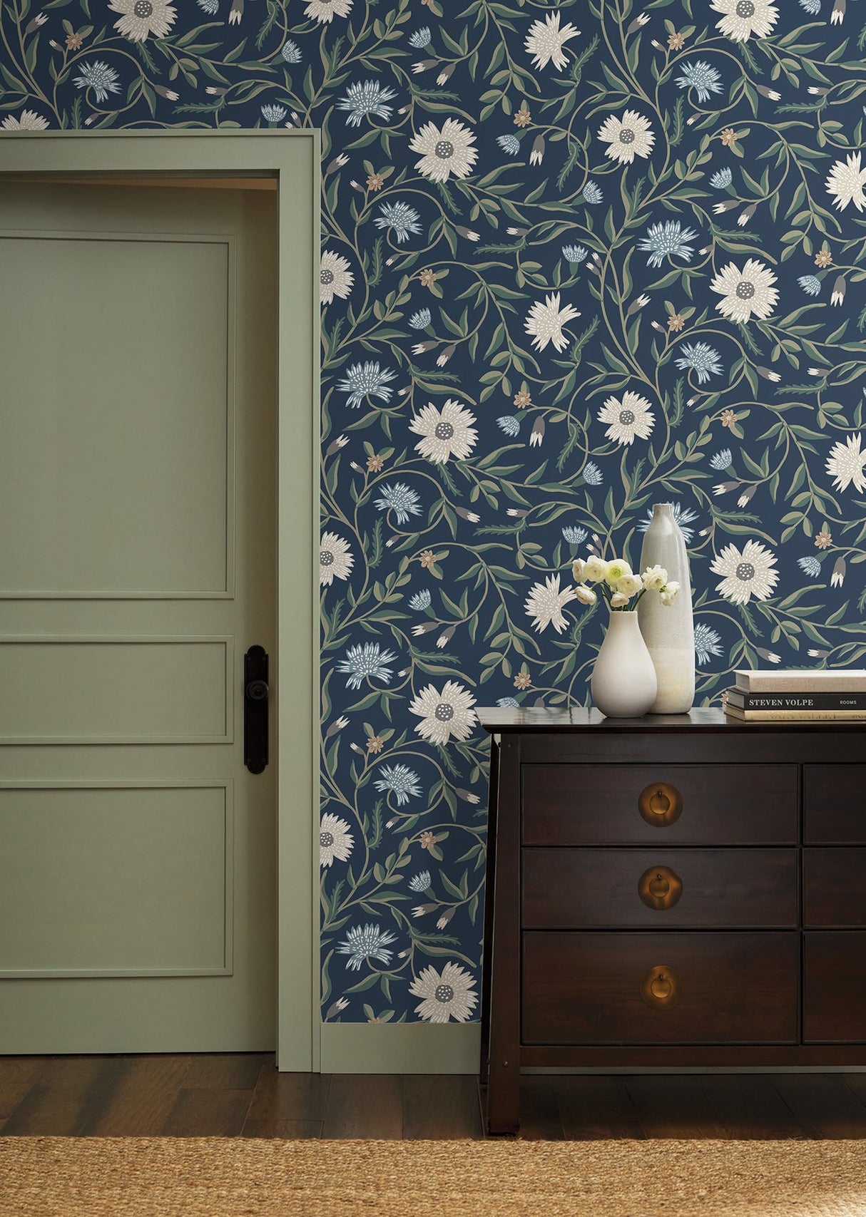 Aster Navy Wallpaper with Floral Trail Pattern, Farmhouse Style - York RF7435