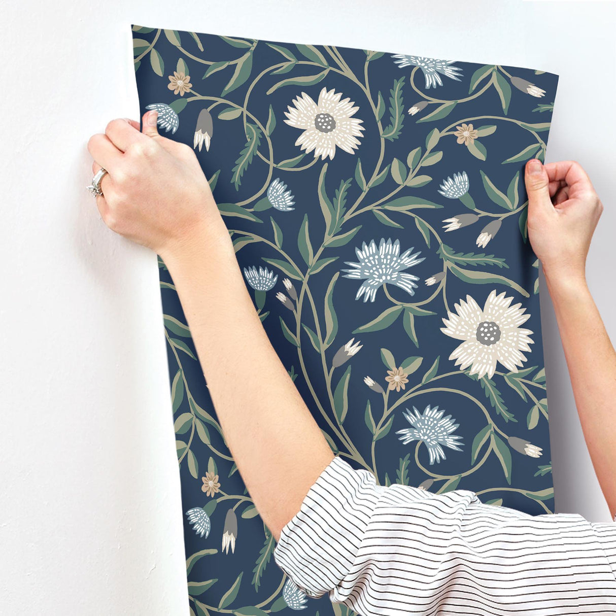 Aster Navy Wallpaper with Floral Trail Pattern, Farmhouse Style - York RF7435