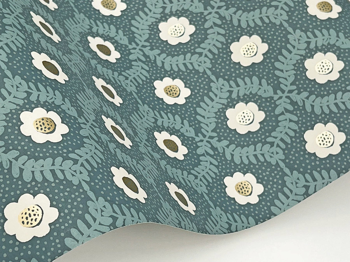 Emma Slate Blue Metallic Floral Whimsical Wallpaper - York RF7445