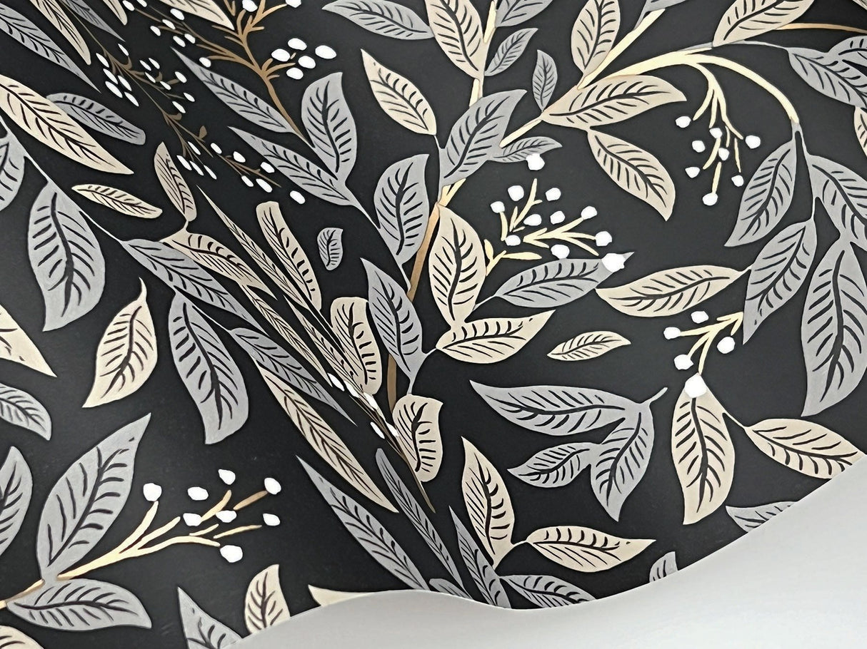 Willowberry Black Wallpaper with Metallic Botanical Farmhouse Style - York RF7462