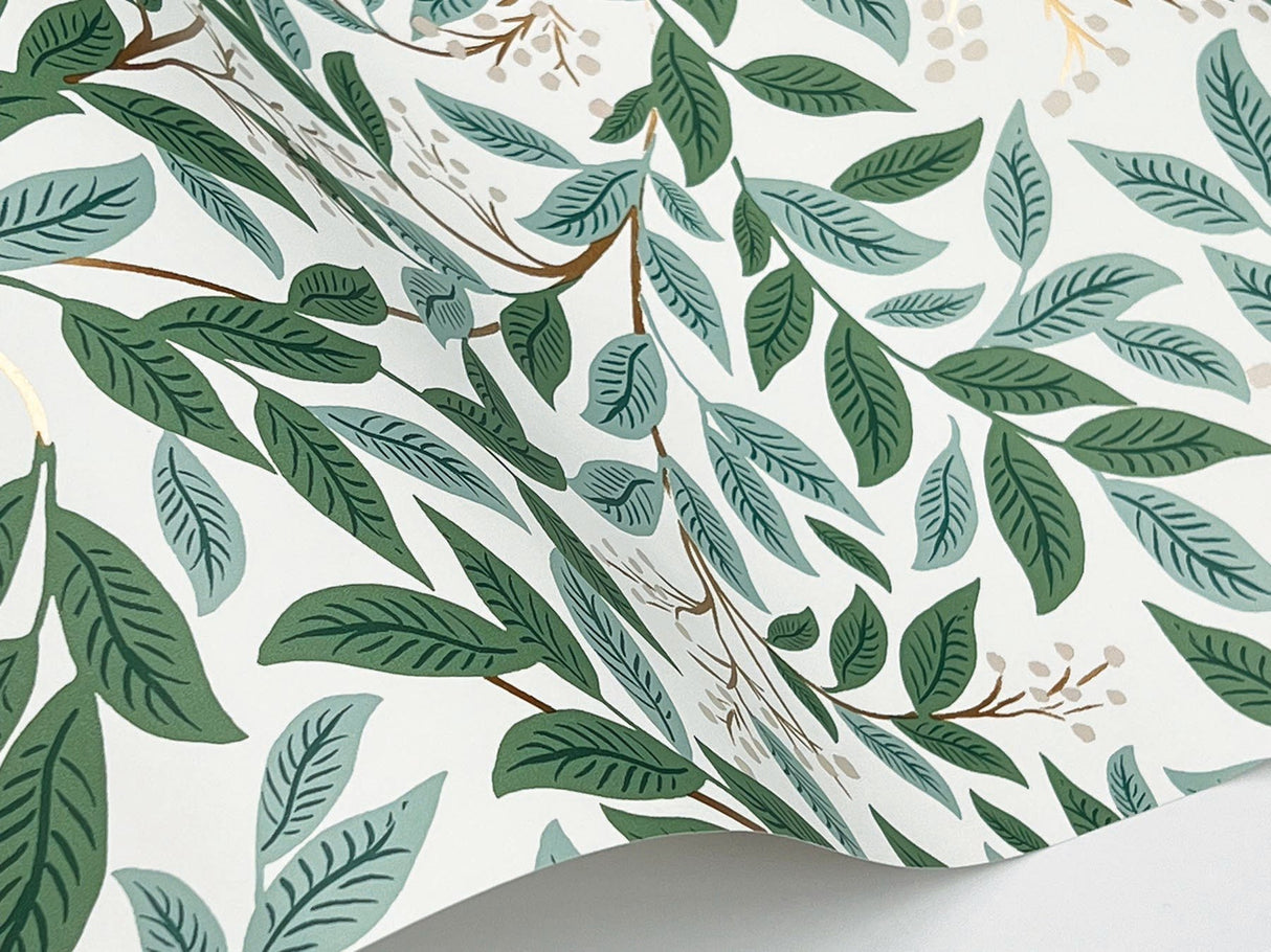 Willowberry Emerald Wallpaper with Metallic Botanical Vine Motif - York RF7464