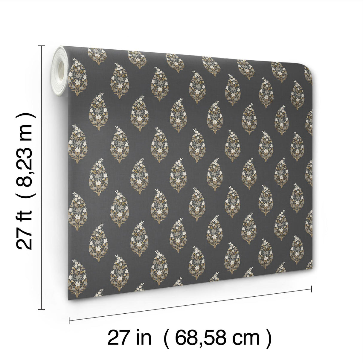 Paisley Black Wallpaper with Metallic Floral Paisley Motif - York RF7472