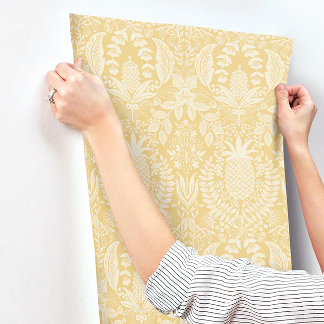 Pineapple Damask Yellow Wallpaper with Traditional Novelty Pineapple Motif - York RF7481