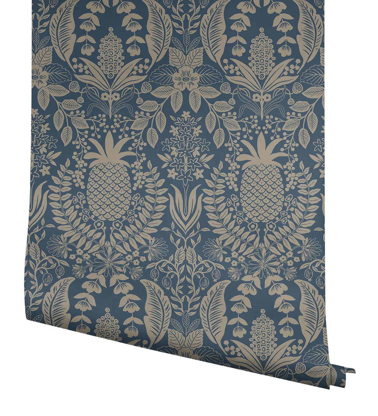 Pineapple Damask Navy Wallpaper with Traditional Novelty Pineapple Motif - York RF7486