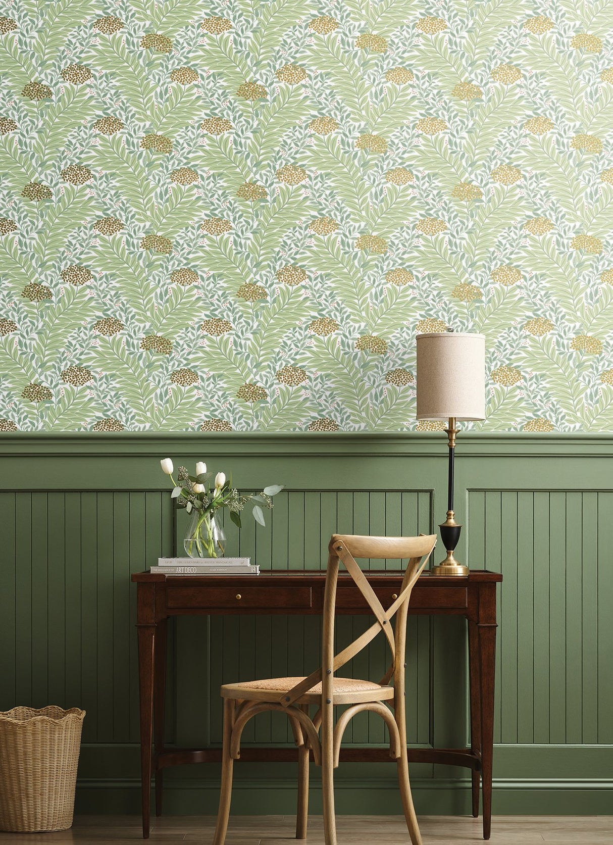 Highgrove White Wallpaper with Metallic Green Floral Leaves Pattern - York RF7501