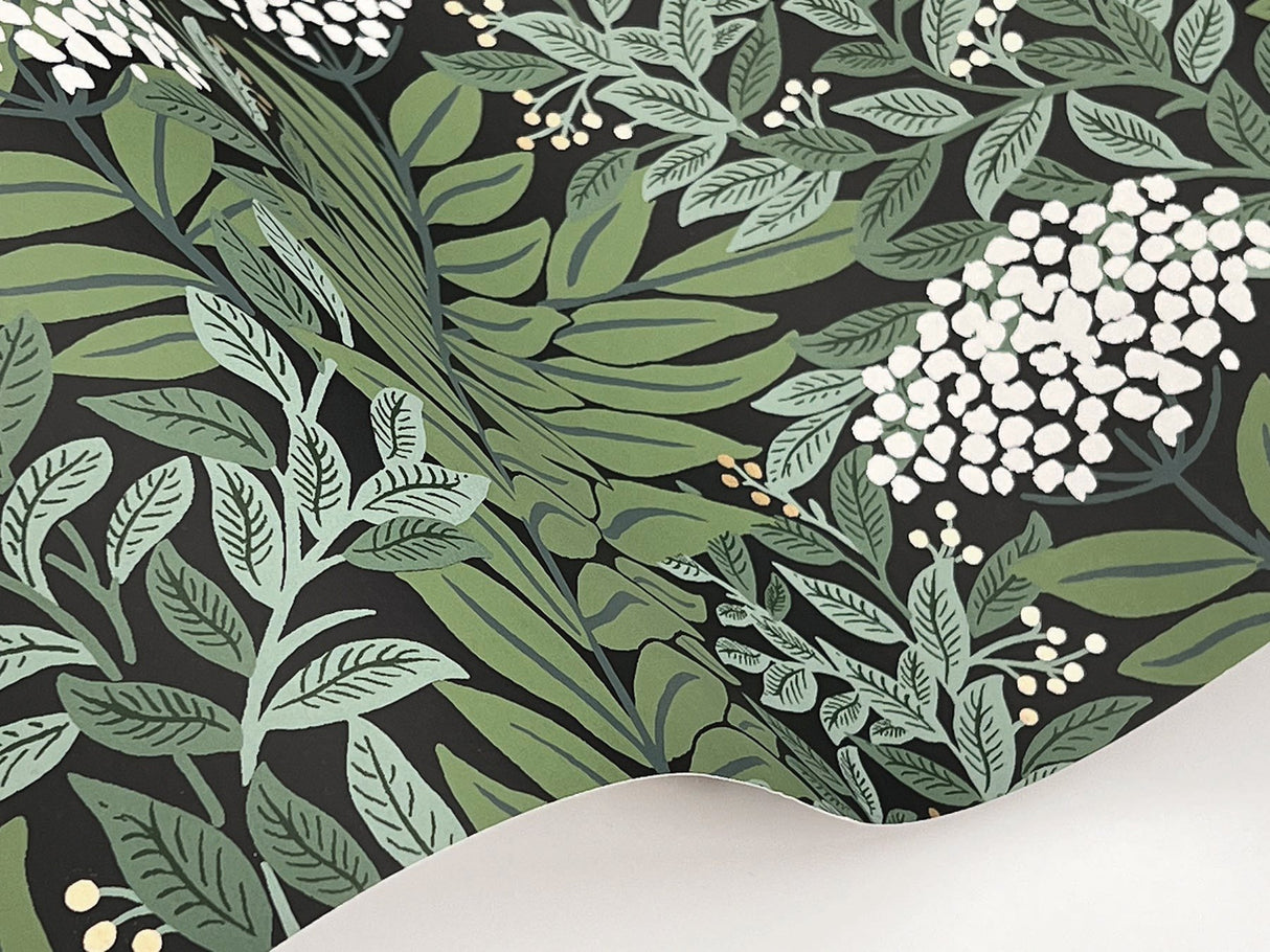 Highgrove Black Wallpaper with Metallic Floral Leaf Motif - York RF7504