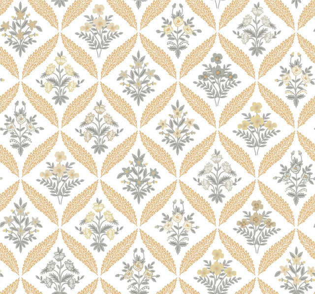 Estee Garden Gold Wallpaper with Metallic Floral Lattice - York RF7511