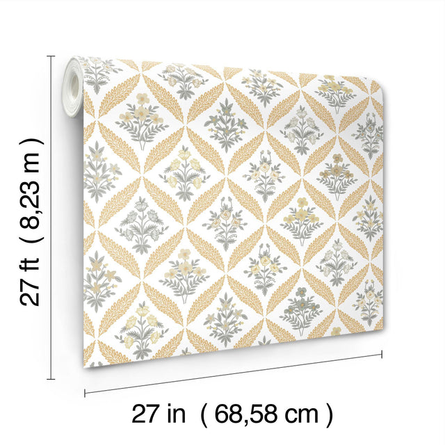 Estee Garden Gold Wallpaper with Metallic Floral Lattice - York RF7511