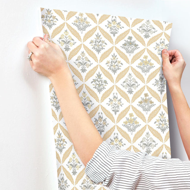 Estee Garden Gold Wallpaper with Metallic Floral Lattice - York RF7511