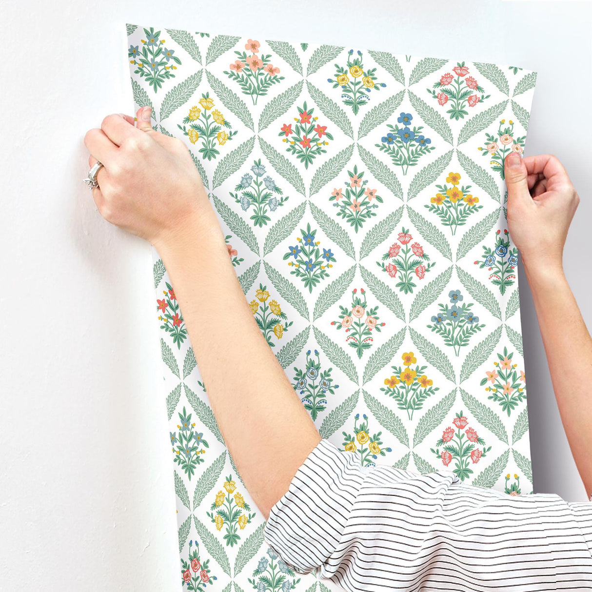 Estee Garden Sage Wallpaper with Metallic Floral Trellis - York RF7513