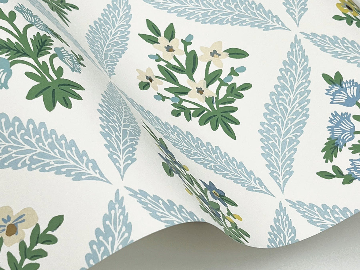 Estee Garden Blue Wallpaper with Metallic Accents- Rifle Paper Co. Farmhouse Floral - York RF7514
