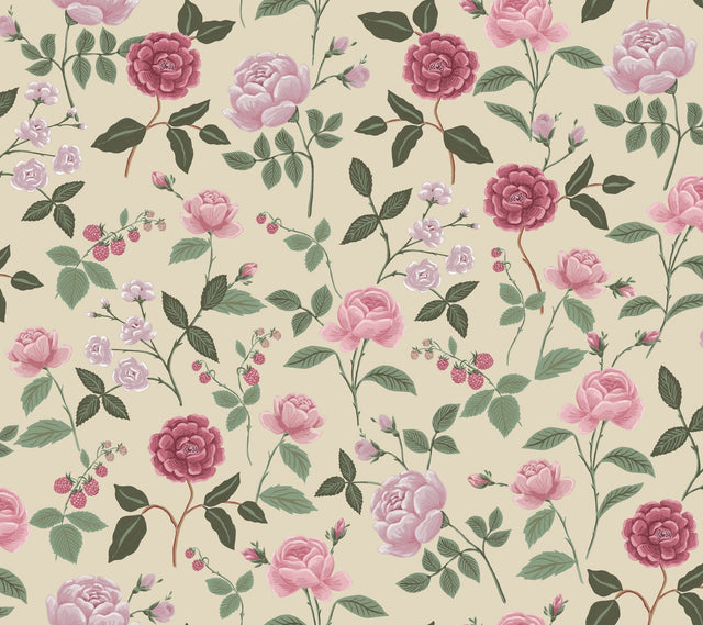 Roses Linen Wallpaper with Botanical Whimsical Floral Pattern - York RF7541